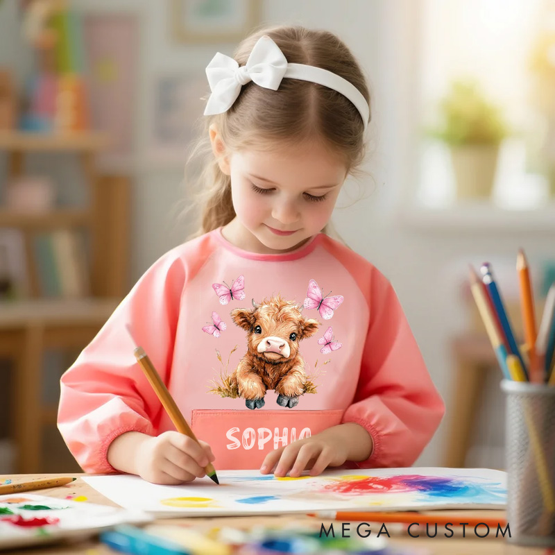 Personalized Animal Adventure Apron with Custom Name and Playful Blue Pink Highland Cow for Fun Baking Activities Kid Apron