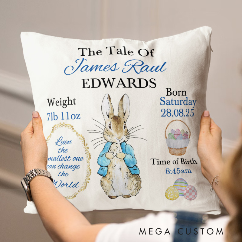 Personalized Peter/Flopsy Rabbit Baby Boy Throw Pillow Keepsake Gift for Christening