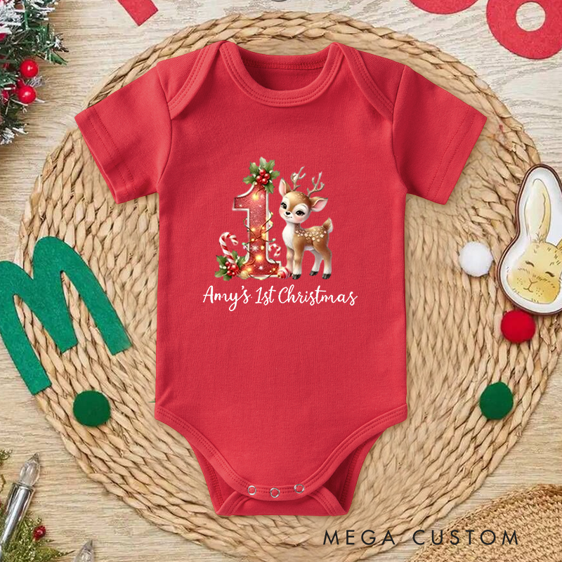 Personalized Baby Onesie and Special Xmas Baby Bodysuit with Deer and Festive Design for Baby's 1st Christmas
