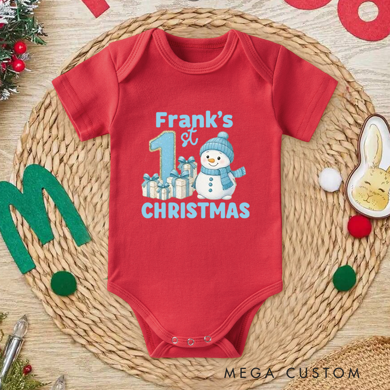 Personalized Baby Onesie and Xmas Baby Bodysuit with Snowman and Gift Design for Baby's 1st Christmas