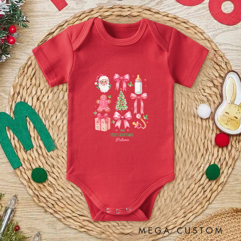 Personalized Baby Onesie and Xmas Baby Bodysuit with Festive Combo Design Santa and Gifts All There for Baby's 1st Christmas