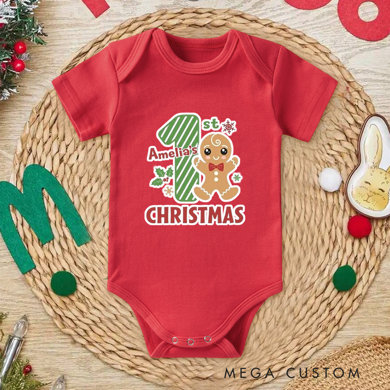 Festive Fun Baby Onesie and Xmas Baby Bodysuit with Gingerbread Man Design for Baby's 1st Christmas