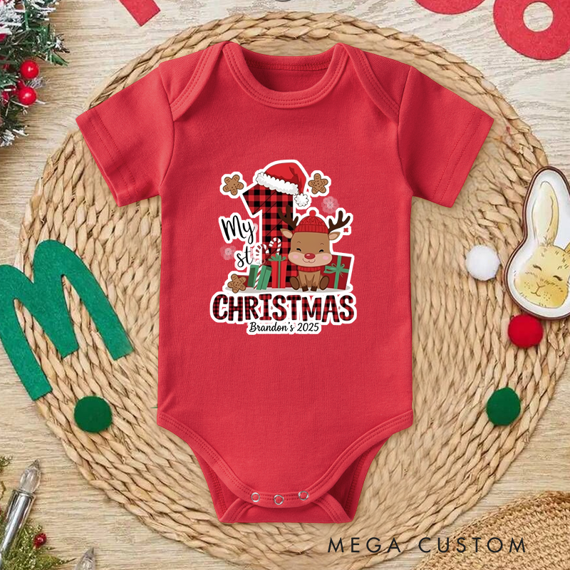 Festive Joy Baby Onesie and Xmas Baby Bodysuit with Reindeer and Gift Design for Baby's 1st Christmas
