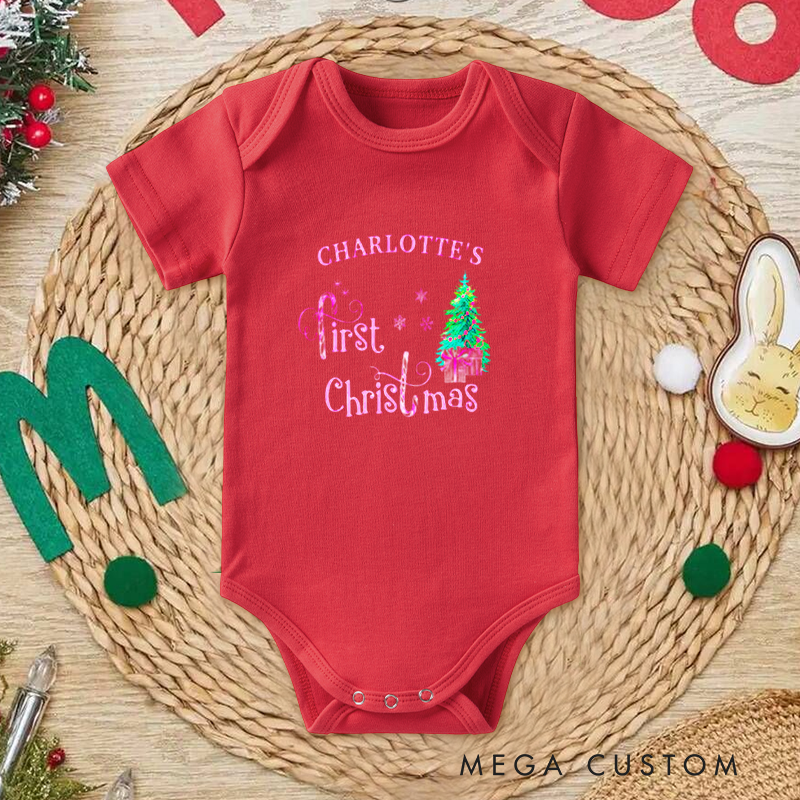 Dreamy Festive Baby Onesie and Xmas Baby Bodysuit with Christmas Tree and Gift Design for Baby Girl's 1st Christmas