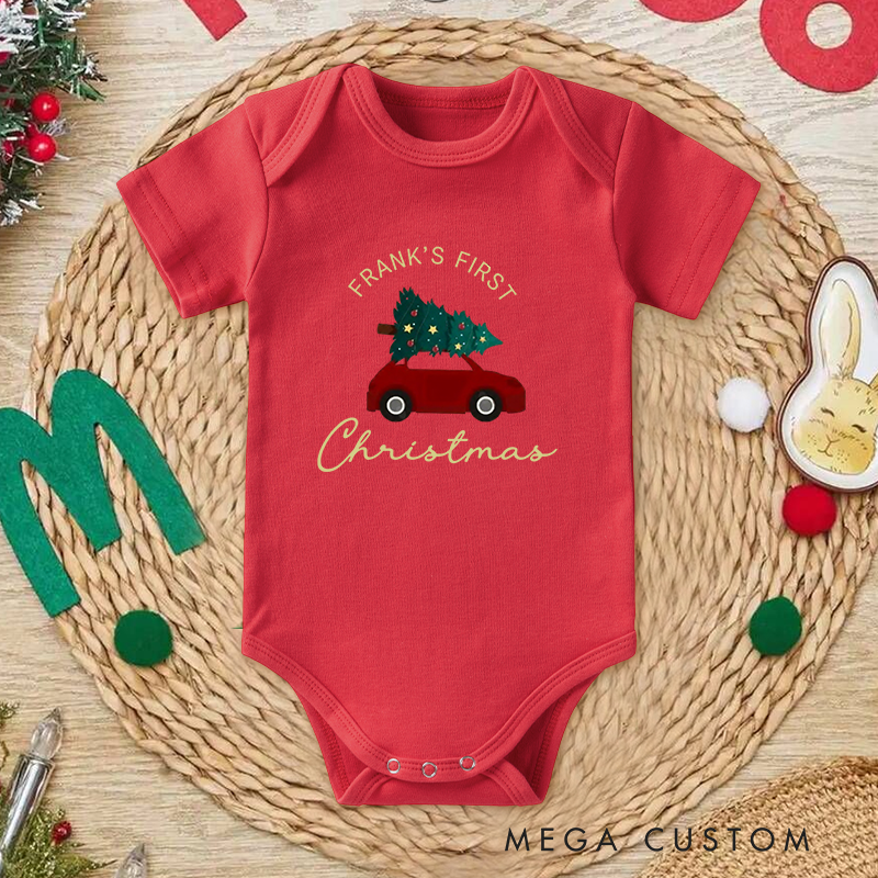 Personalized Baby Onesie and Xmas Baby Bodysuit with Car and Christmas Tree Design for Baby's 1st Christmas