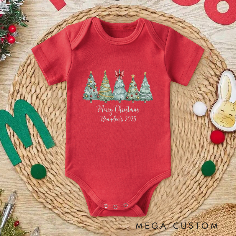 Personalized Baby Onesie and Xmas Baby Bodysuit with Forest Christmas Tree Design for Christmas in 2025