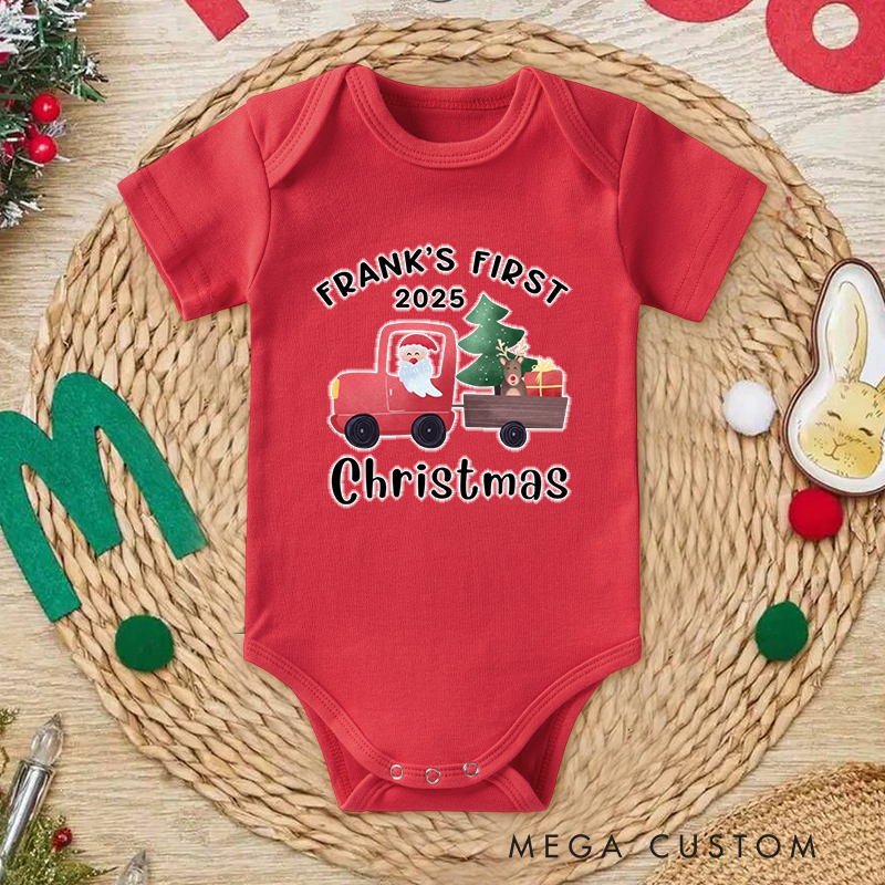 Personalized Baby Onesie and Xmas Baby Bodysuit with Santa and Christmas Tree Truck Design for Baby's 1st Christmas