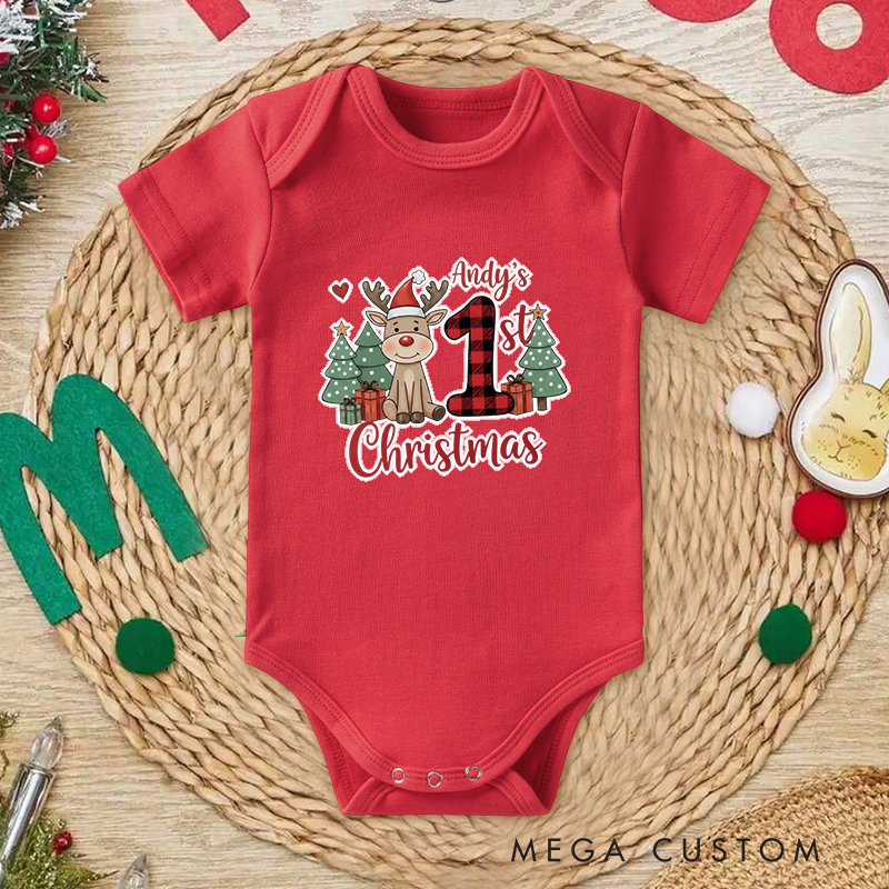 Personalized Baby Onesie and Xmas Baby Bodysuit with Painted Reindeer and Christmas Tree Design for Baby's 1st Christmas