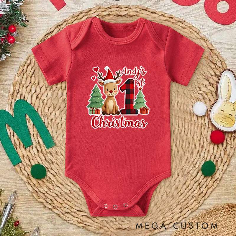 Personalized Baby Onesie and Xmas Baby Bodysuit with 3D Reindeer and Christmas Tree Design for Baby's 1st Christmas