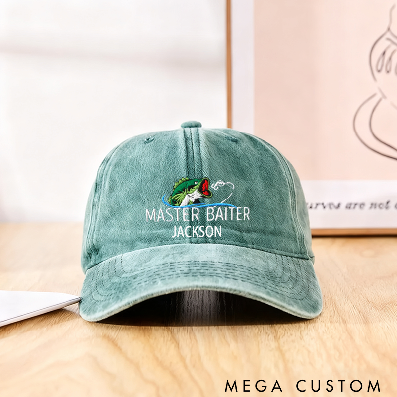 Personalized Master Baiter Fishing Hat Embroidered Bass Fishing Hat Master Baiter Fisherman Dad Hat Custom Name Funny and Personalized Cap for Fishing Enthusiasts