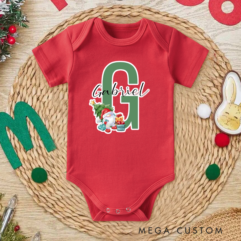 Personalized Baby Onesie and Holiday Baby Bodysuit with Santa and Christmas Tree Design Featuring Baby's Initial for a Festive Look