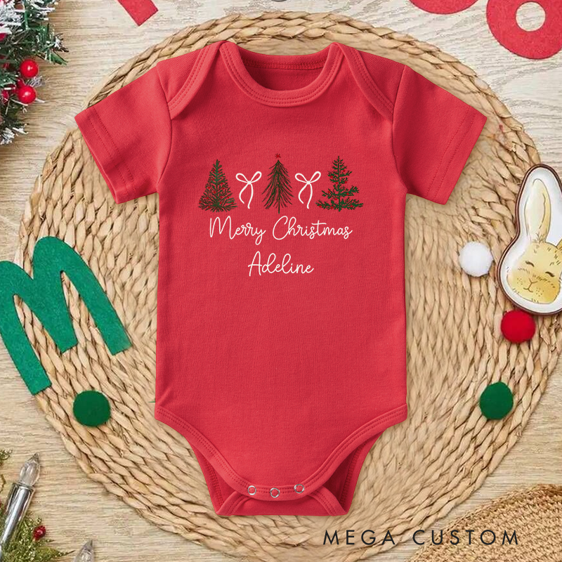 Personalized Baby Onesie and Holiday Baby Bodysuit with Christmas Tree and Bow Design for a Merry Christmas