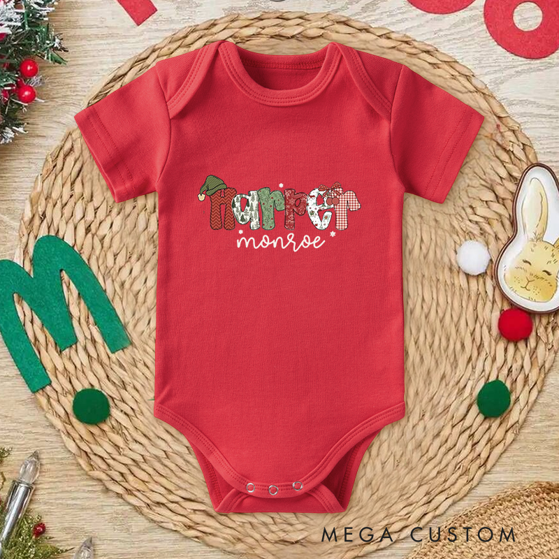 Personalized Baby Onesie and Holiday Baby Bodysuit with Festive Patchwork Letter Design for a Joyful Christmas