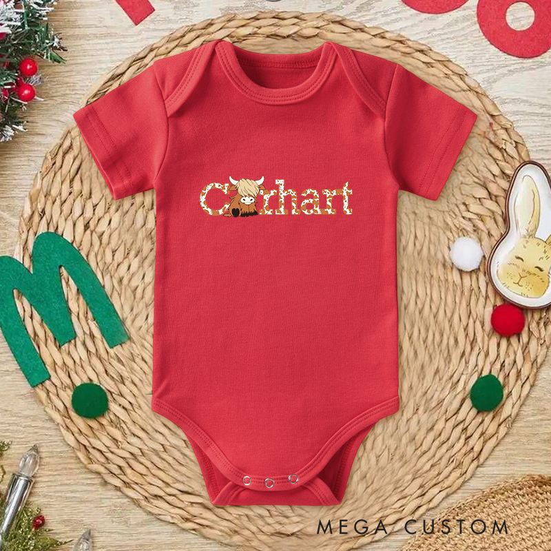Personalized Baby Onesie and Farm Themed Baby Bodysuit with Cute Highland Cow and Cowhide Letter Design for a Rustic Charm