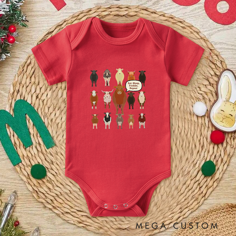 Personalized Baby Onesie and Farm Themed Baby Bodysuit with Cute Cow Patterns and Fun Text Design for a Playful Vibe