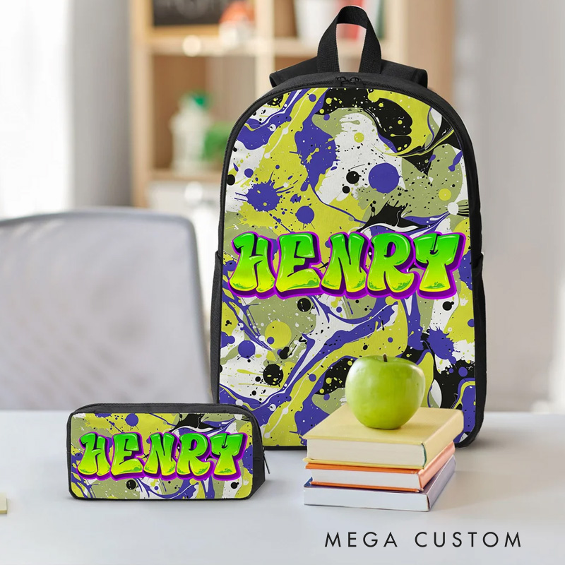 Personalized Colorful Graffiti Style Name Backpack Lunch Bag Pencil Case Set Back to School Birthday Gift for Boys Girls Students
