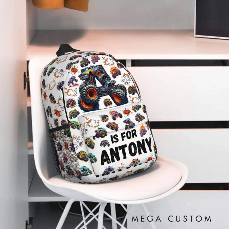 Personalized Big Wheel Off-Road Truck Initial Large Kid Backpack with Name and Side Pockets Daily Use Back to School Birthday Gift for Kids