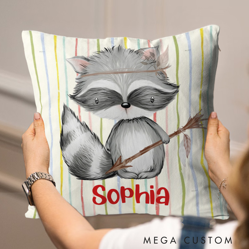 Personalized Raccoon with Arrow Colorful Striped Baby Room Decor Throw Pillows