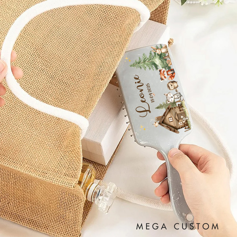 Personalized Woodland Hair Brush with Custom Name and Date Featuring Cozy Cabin and Forest Animals Design Hair Brush