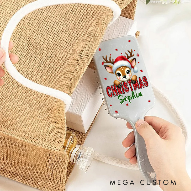Personalized Reindeer Hair Brush with Custom Name and Festive Christmas Design for Kids and Holiday Cheer Hair Brush