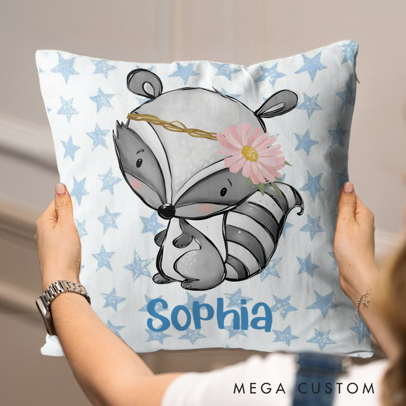 Personalized Raccoon with Floral Headband Starry Background Baby Gift Throw Pillows