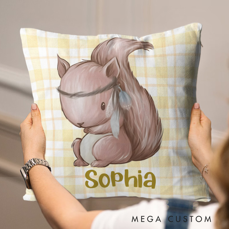 Personalized squirrel with Soft Plaid Background Cozy Baby Keepsake Throw Pillows