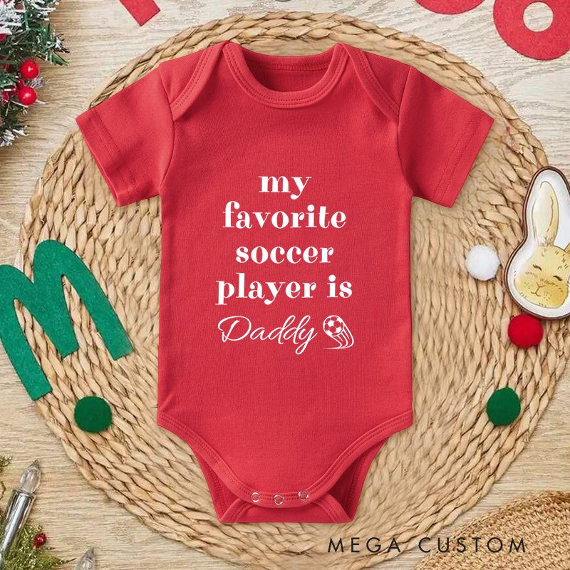 Personalized Soccer Baby Onesie with Minimal Text and Soccer Graphic, made from Soft Cotton Fabric with Editable Name or Title