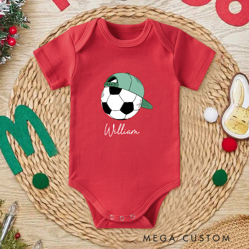 Personalized Soccer Baby Onesie with Baseball Cap and Ball Graphic, made from Soft Cotton Fabric with Editable Name