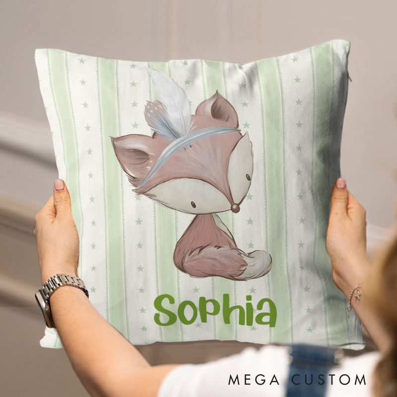Personalized Fox with Feathers Pastel Striped Whimsical Baby Decor Throw Pillows