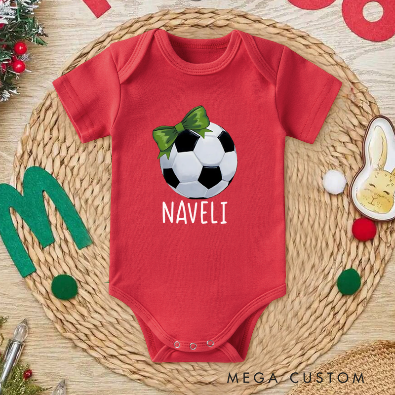 Personalized Soccer Baby Onesie with Bow and Ball Design Soft Cotton Fabric and Editable Name or Nickname