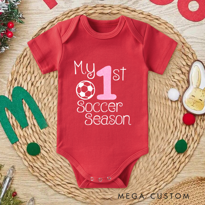 Personalized Baby Onesie with Soccer Ball and Number Motif Design Symbolizing Growth and Special First Milestones
