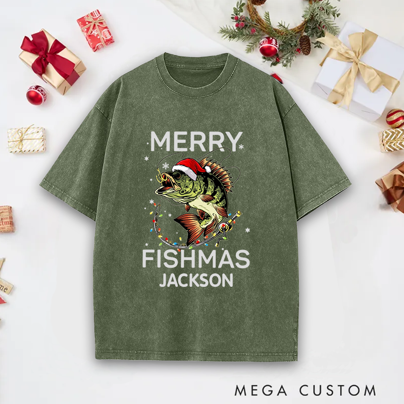 Personalized Fishing T-Shirt Merry Fishmas T-Shirt Funny Fishing Sweatshirt Christmas Gifts Ideal Gift for Fishing Lovers