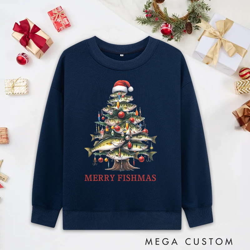 Personalized Festive Fish Tree Bass Sweatshirt Fisherman Christmas Tree Sweatshirt Cozy Funny Fishing Gift Holiday Gift for Fishing Enthusiasts