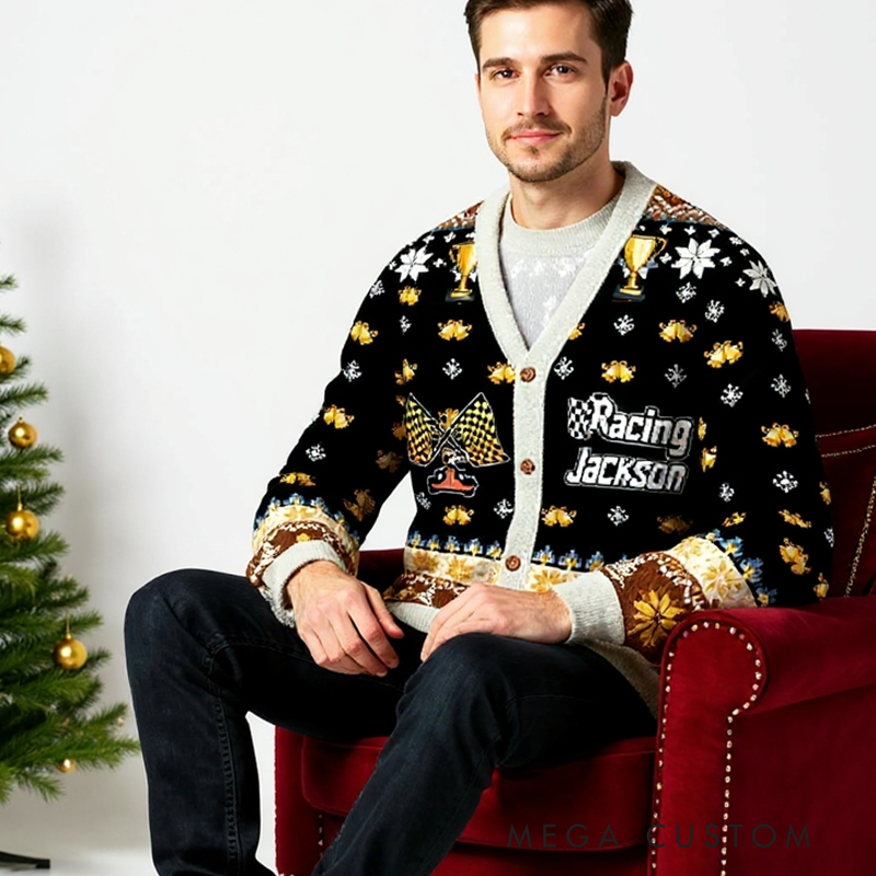Personalized Racing Family Cardigan Sweater with Custom Name and Festive Design Perfect Christmas Gift