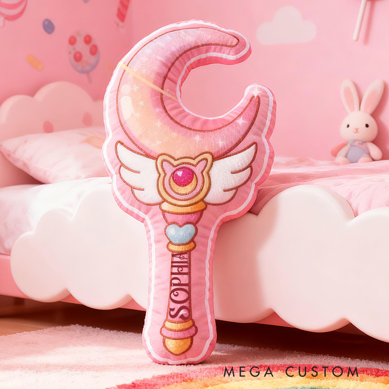 Personalized Magical Wand Moon Shape Custom Name Soft Decorative Gift Fantasy Princess Style Cozy Girls Room Dreamy Pink Graphic 3D Print Pillow