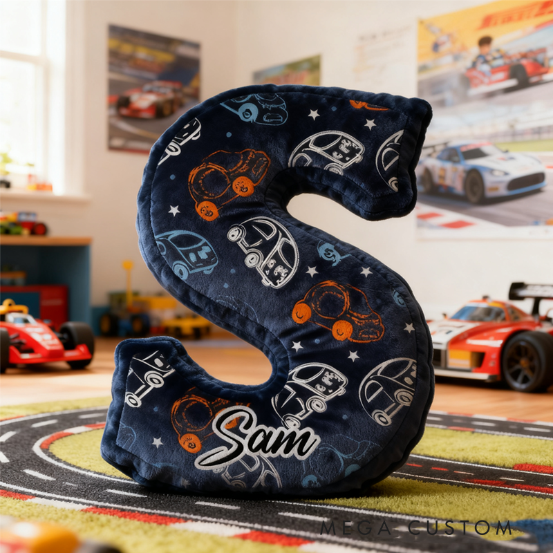 Personalized Cartoon Vehicle Themed Initial Pillow with Custom Name Gift for Kids and Vehicle Enthusiasts