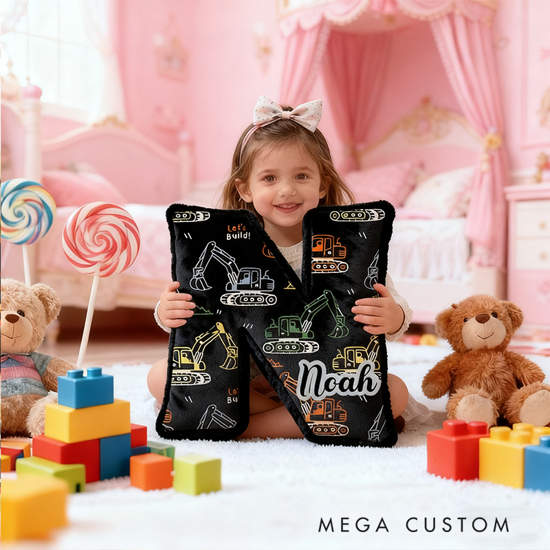 Personalized Construction Vehicle Themed Initial Pillow with Custom Name Gift for Kids Builders