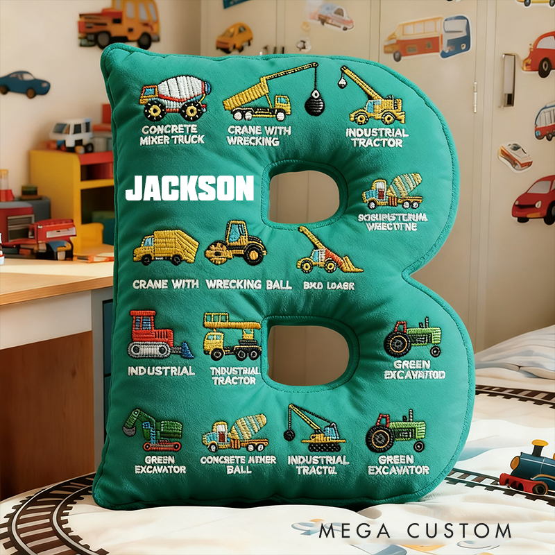 Personalized Construction Letter Custom Name Soft Decorative Gift Builder Truck Style Cozy Bedroom Blue Crane Excavator Tractor Vehicle Fun Boy Room Graphic 3D Print Pillow