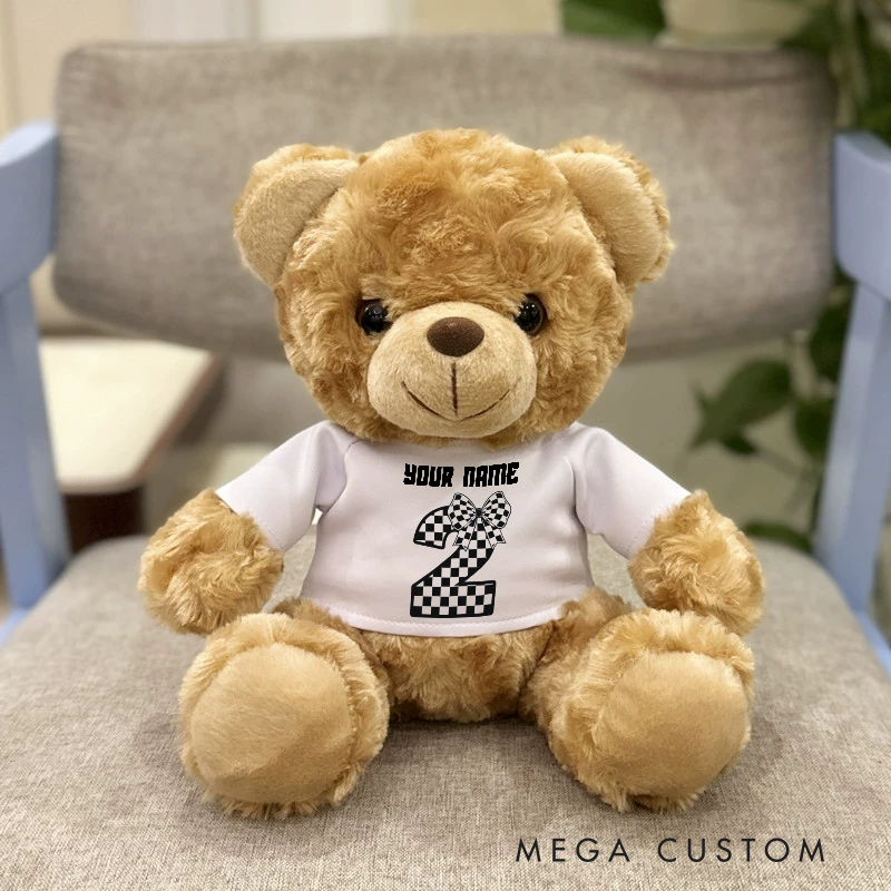Personalized Racing Brown Bear Plush Toy Custom Birthday Age Gift
