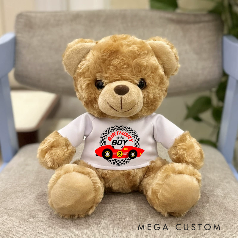 Personalized Birthday Boy Brown Bear Plush Toy Custom Racing Car Age Gift