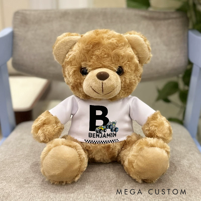 Personalized Initial Brown Bear Plush Toy Custom Name Monster Truck Gift