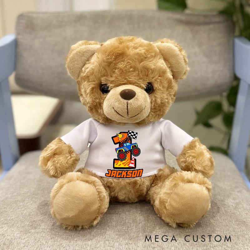 Personalized Monster Truck Brown Bear Plush Toy Custom Name Birthday Gift