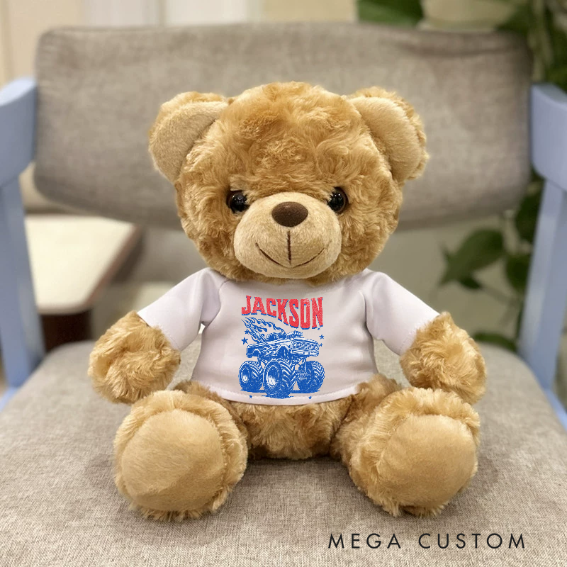 Personalized Monster Truck Brown Bear Plush Toy Custom Name Gift