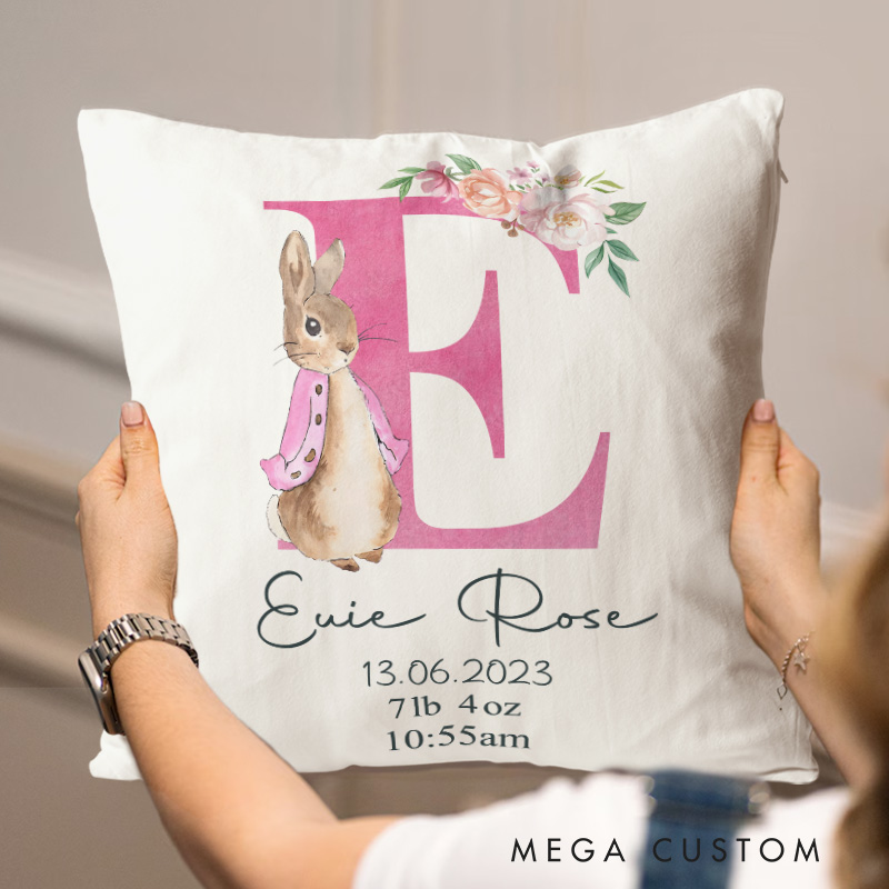 Personalized Bunny and Floral Baby Birth Stats Keepsake Throw Pillows Pregnancy Announcement Gift