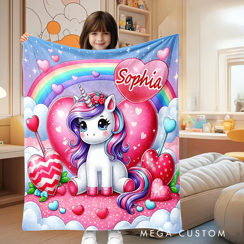 Personalized Cute Dream Horse Blanket With Rainbow And Heart For Girls Bedroom Blanket