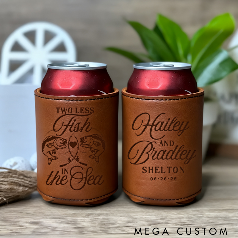 Personalized Fishing Can Cooler Custom Names and Time Two Less Fish in the Sea Design Perfect for Weddings Couples and Fishing Lovers
