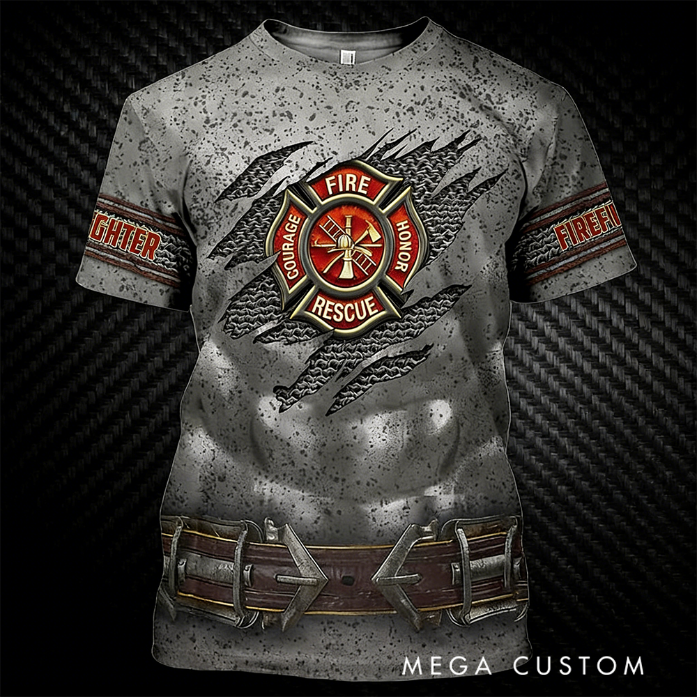 Personalized Firefighter Full Print T-Shirt Gift Custom Name and Metallic Gear Design