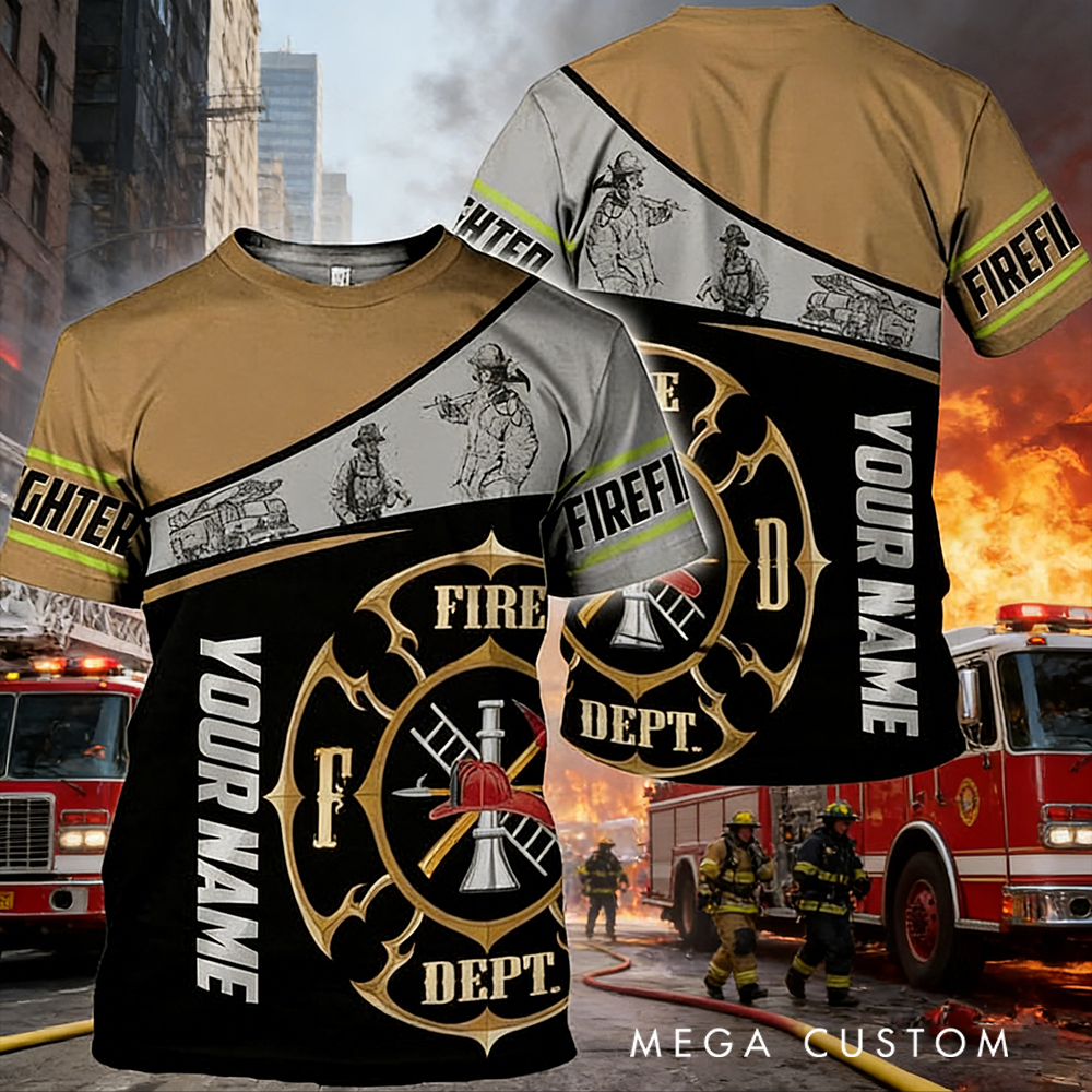 Personalized Firefighter Full Print T-Shirt Gift Custom Name and Vintage Fire Dept Design