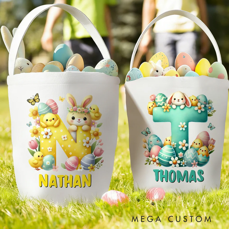 Personalized Cartoon Bunny Easter Eggs Large Capacity Canvas Easter Basket with Name and Initial Eggs Hunting Party Easter Gift for Kids