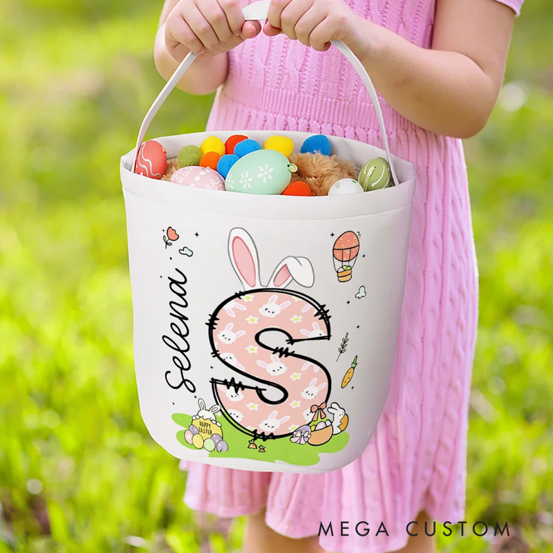 Personalized Bunny Ears Initial Hot Air Balloon Canvas Easter Basket with Name Eggs Hunting Party Easter Gift for Kids
